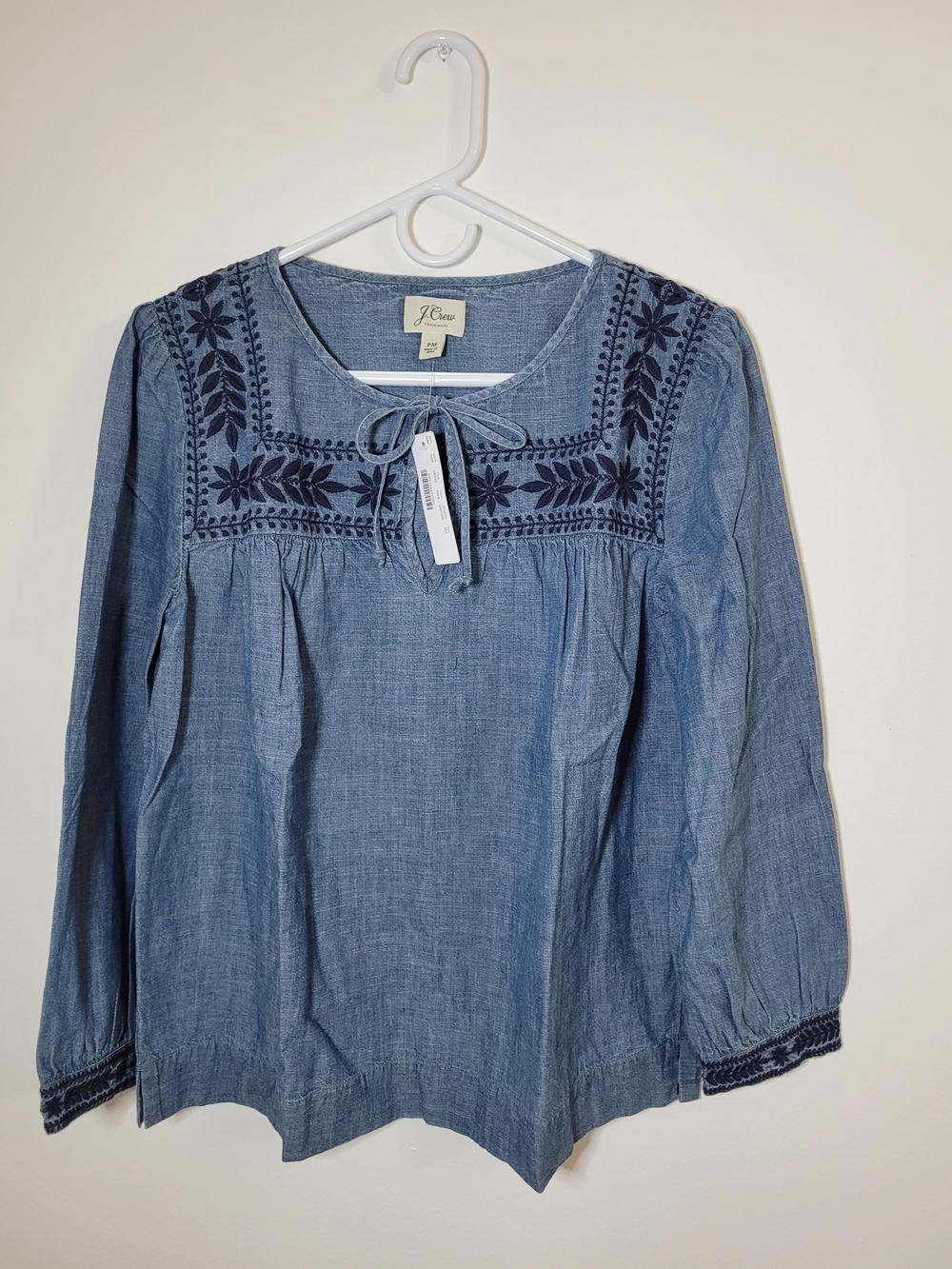 J. Crew Embroidered Chambray Peasant Top Blue Long Sleeve Size PM BNWT